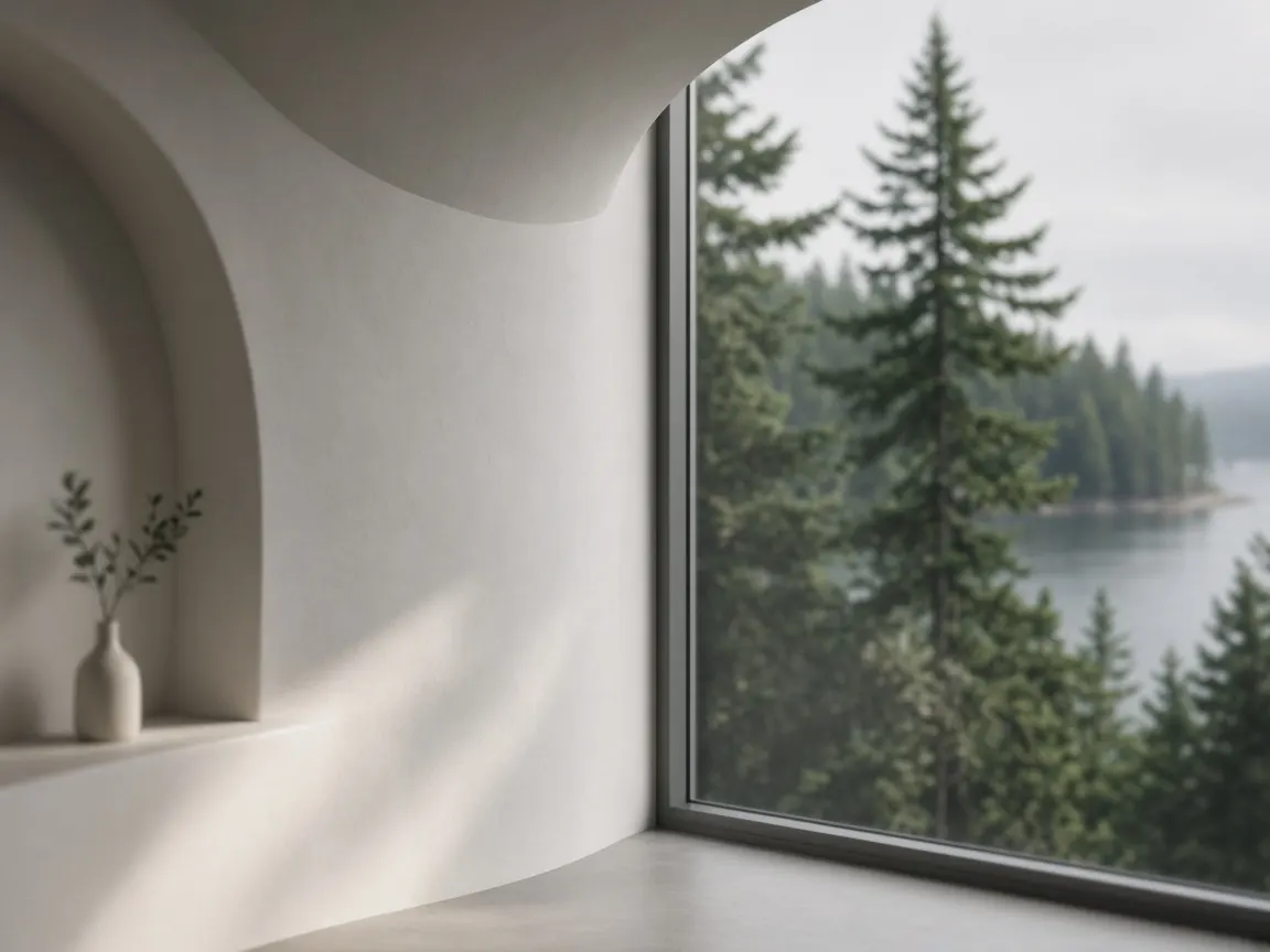 Calm, light-filled room with a window onto evergreen trees